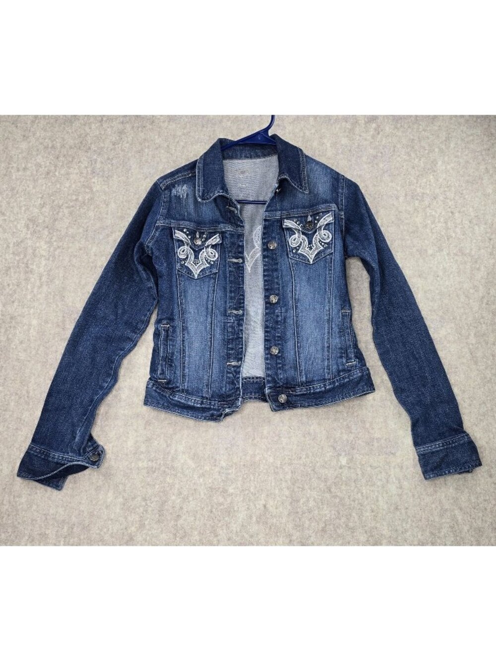 Rock 47 Womens Denim Jacket Dark Wash Embroidered Snap Closure Distressed Style